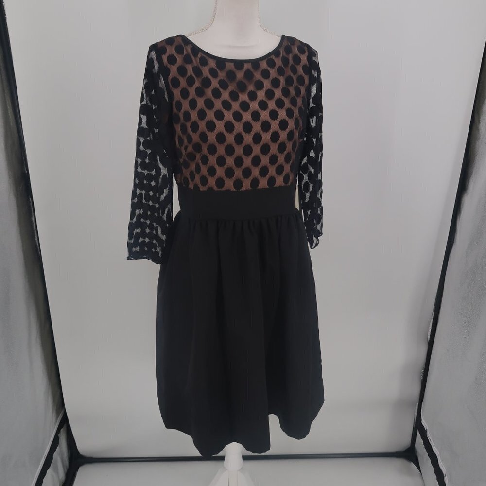 Eliza J Women's 3/4 Sheer Sleeve Polka dot Black Dress w Nude Underlay 10 NWT